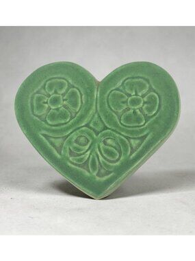Vintage Pewabic Pottery Green Floral Heart Tile Detroit Michigan 1998